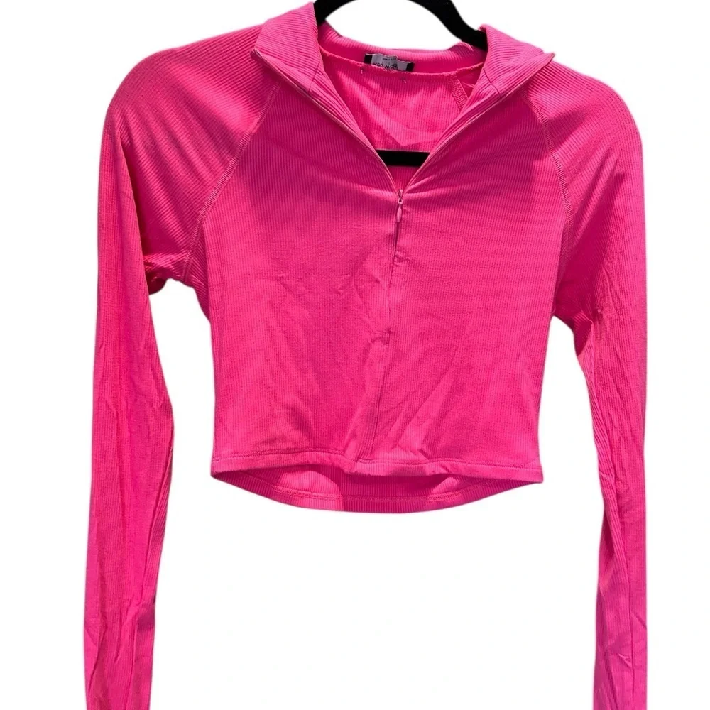 EUC Naked Wardrobe Women’s Hot Pink Ribbed Long Sleeve Half Zip Crop Top - L